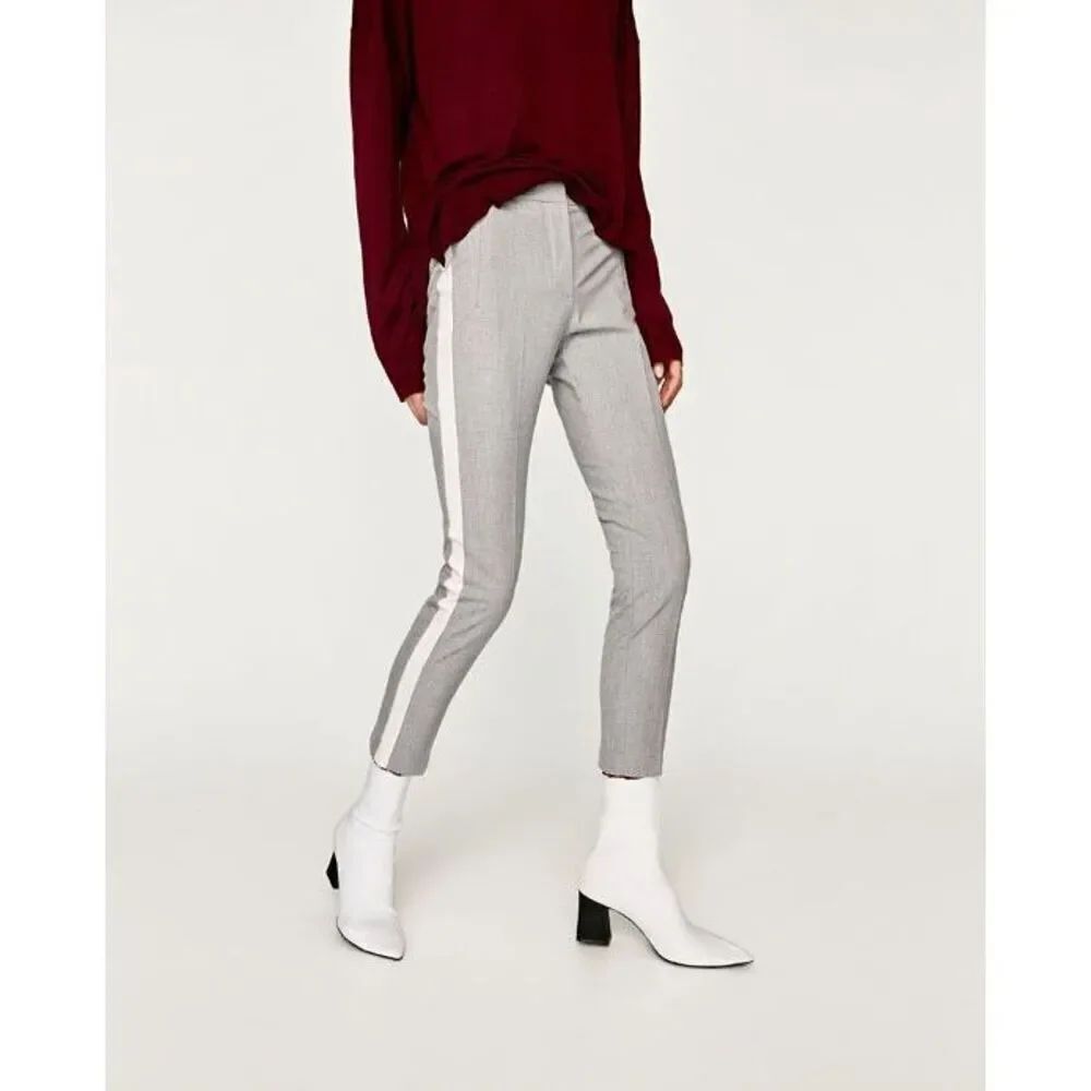 ZARA Basic Gray Slim Fit Ankle Pants White Side Stripe Women’s Size S